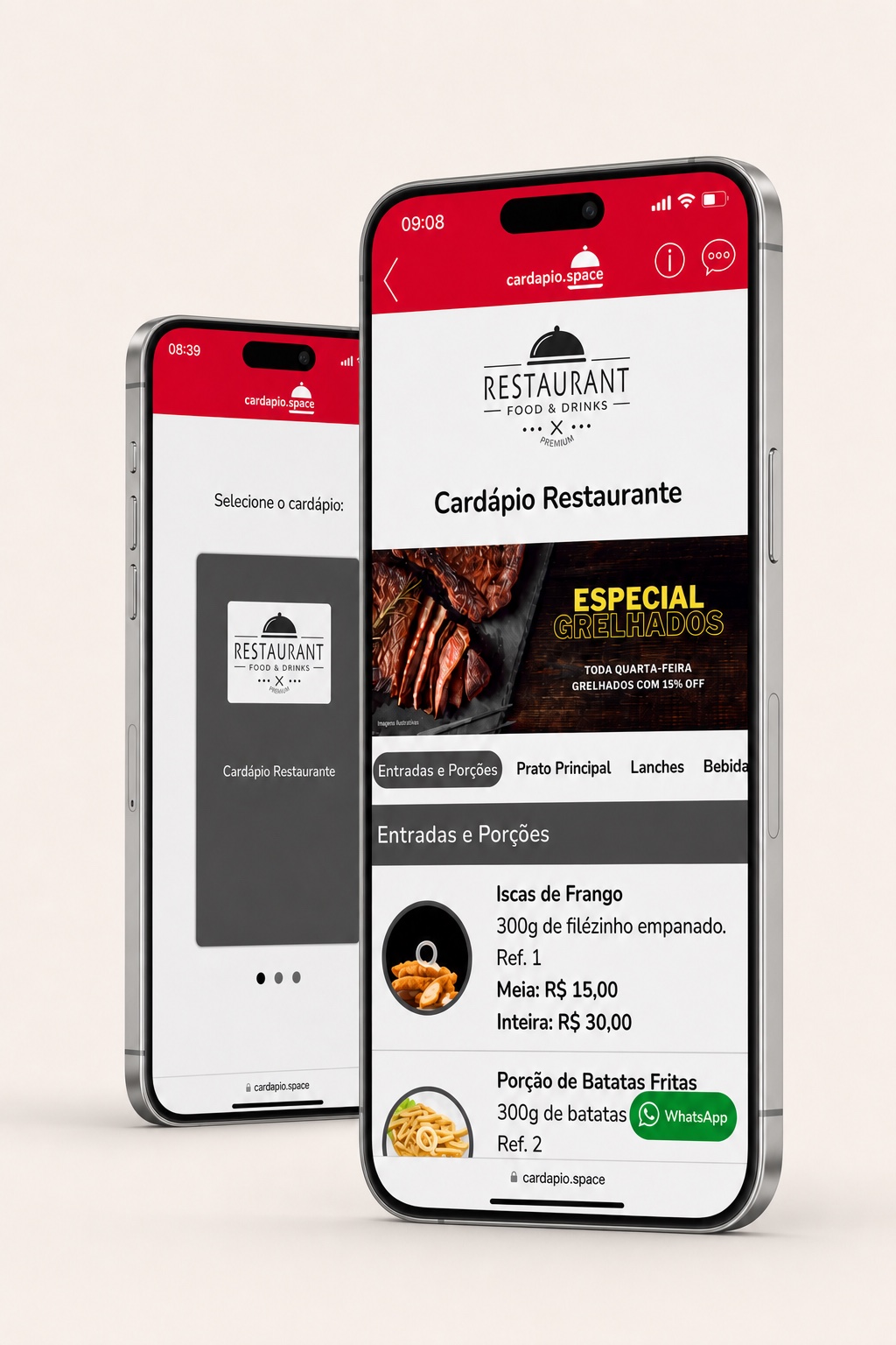 Cardápio digital Cardápio Space funcionando em smartphones